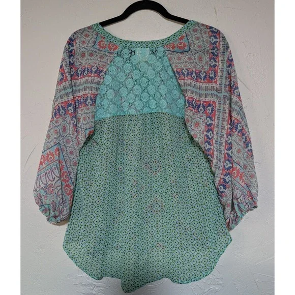 Anthropologie Fig &‎ Flower Boho Peasant Blouse M Aqua/Blue/Coral Lace Back - Picture 2 of 4